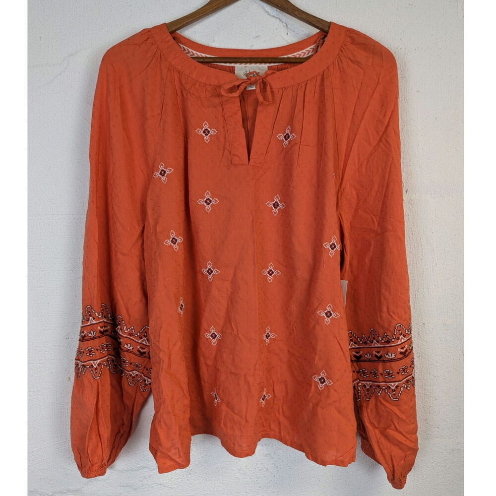 Embroidered Boho Blouse Popover Coral Balloon Sleeve Southwest Breezy Large
